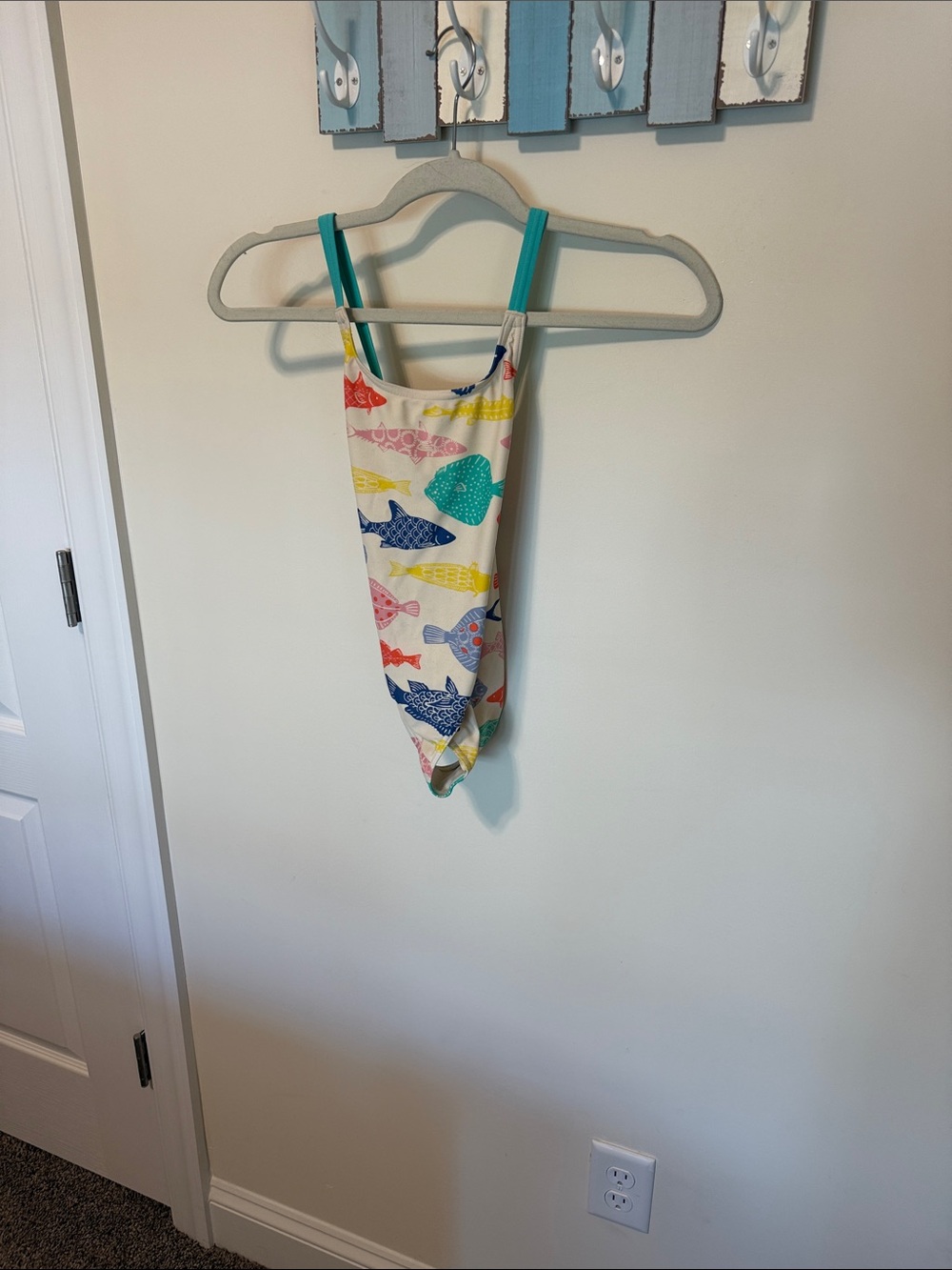 Mini Boden Girls Teal Cross-back One-Piece Swimsuit w/Fish Print / Size 5-6 Yrs